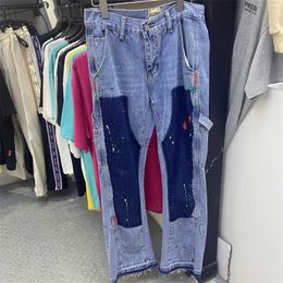 Men's Jeans Real Pics High Street Colour Spliced Washed Jeans Mens Oversize Wide Leg Straight Denim Flare Pants Retro Loose Casual Trousers 3Colors 240308