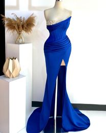 Elegant Royal Blue Mermaid Prom Dresses Strapless Beaded Crystals Backless Formal Wear Evening Party Birthdat Pageant Second Reception Special Occasion Gowns