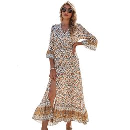 Custom Women's Casual Dress with V-neck and Waist Floral Print Fabric Long Skirt Stylish Cottagecore Dress