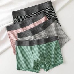 Underpants Men Simple Shorts Panties Mid-rise Elastic Waistband Underwear Striped Print Patchwork Colour U Convex