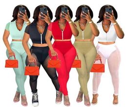 Womens Tracksuits Fashion Sexy Mesh Splicing Zipper Short Sleeve Yoga Pants Outfits Ladies Summer 2 Piece Matching Set7933761