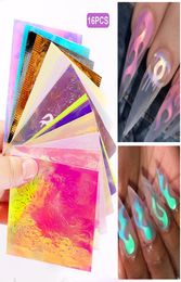 New 16 SheetsSet Aurora Flame Nail Sticker Holographic Colorful Fire Reflections Nail Decal SelfAdhesive Foils DIY Nail Art 3966533