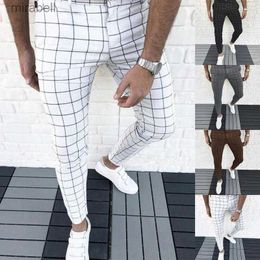 Pants Mens Pants Smart Fashion Clothing Plaid Pencil Thin Mid Waist Jogger Trousers 240308