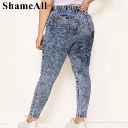 bottoms Plus Size Elastic High Waist Snow Wash Pencil Pants Casual Female Jeans 3 4 5XL Women Stretch Long Denim Pant Trousers Mom Jeans