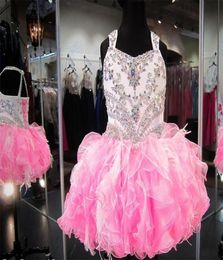 Crystal Beaded Glitz Cupcake Pageant Dresses Puffy Organza Ruffled Feather Pink Ivory Ball Gown Toddler Little Girls Birthday Part5745282