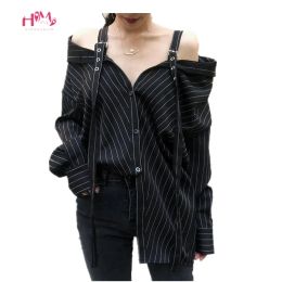 Shirts Harajuku Punk Gothic Off Shoulder Blouse Tops 2020 Women Korean Fashion Sexy Strapless Long Sleeve Vinatge Striped Kpop Shirts