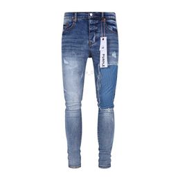 Purple Brand Mens Jeans Fashion Denim Slim Pants Damaged Blue Patch Ripped Jeans