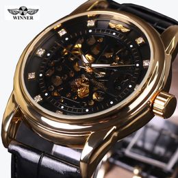 2022 New Top Luxury WINNER Brand Men Watch Automatic Self-Wind Skeleton Watch Black Gold Diamond Dial Men Business Wristwatches242z