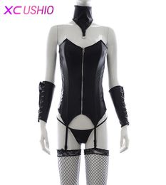 Passion sexy Leather Corset Handcuffs Collars Shorts Black Party Dress Corset for Adults Game Flirting Wear Sex Toys for Woman 0706196205