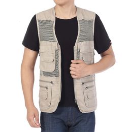 Large Size Mens Mesh Loose Vests MultiPockets Zipper QuickDrying Casual Male Outdoor Jacket Sleeveless Breathable Waistcoat 240229