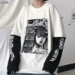 T-Shirt Haruku Tshirt Women Japanese Fujiang Horror Comics Long Sleeve Shirt Fake 2 Pieces Print Top Hip Hop Streetwear Emo Clothes