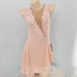 LIUHUO Customise Colours Figure Skating Dress Girls Teens Ice Skating Dance Skirt Quality Crystals Stretchy Spandex Dancewear Ballet Performance Light Pink