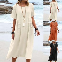 Summer Loose Casual Dresses Cotton Linen Solid Colour Round Neck Short Sleeves Mid Length Dress Women