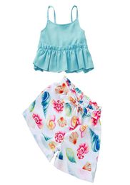 Girls Cotton Blends Light Blue Tops and Shell Print Trousers Set Twopiece Children Suspender Belt Tops and Short Pant Suit Kids S5758965