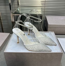 Pointed mesh hot diamond sandals designed by a designer with a shallow cut and diamond chain, versatile and comfortable single women's shoes for daily use