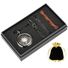 Bronze Vintage Skeleton Mechanical Hand Winding Unisex Pocket Watch Arabic Numbers Analogue Dial Watches for Men Women Gift Set267v