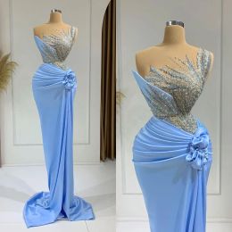 Beaded Baby Blue Prom Dresses Mermaid Formal Long Evening Dress with Slit Handmade Flowers Speacial Ocn Party Women Vestido De Fiesta