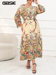 Dresses GIBSIE Plus Size Floral Print Belted Maxi Dress Women 2023 Autumn New Vintage Long Sleeve ONeck Casual Loose Boho Dresses