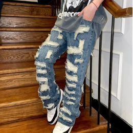 American Style Broken Hole Old Jeans Loose Hundred Pants Mens Streetwear Baggy Jeans Y2k Jeans Ripped Jeans Men Pants 240223