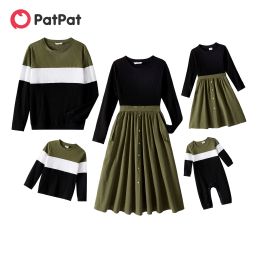 Dresses Patpat Family Matching Longsleeve Button Front Solid Spliced Dresses and Colorblock Rib Knit Tops Sets