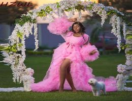 Chic Pink Illusion Ruffles Bathrobe Sleepwear Bridal Long Nightgowns Luxury Lingerie Birthday Party Wedding Gowns Shower Robes7748032