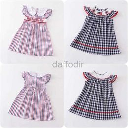 Dresses Girl Dresses Girlymax 4th Of July Independence Day USA Summer Baby Girls Smocked Plaid Woven Dress Above Knee Kids Clothing 240308