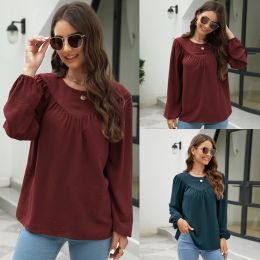 T-Shirt Maternity Clothes Pleated Long Sleeve Blouse Shirt Tees Spring Autumn Casual Women Chiffon ONeck Blouse TShirt Pullover Top