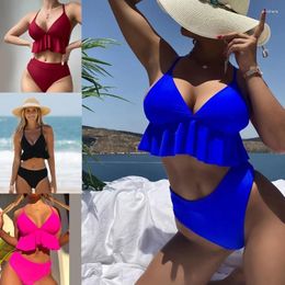 Women's Swimwear Womens V-neck Bikinis Fashion Solid Color Swimsuit Back Straps Sexy Ruffled Ribbed Small Chest Beachwear