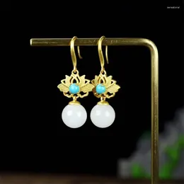 Dangle Earrings Selling Natural Hand-carved 925 Silver Gufajin Inlaid White Jade Round Beads Studs Fashion Jewelry Women LuckGifts