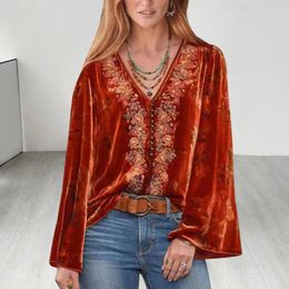 Women's Blouses V-neck Top Vintage Embroidered Blouse With Bead Detailing For Women Soft Long Sleeve Fall Spring Loose Fit