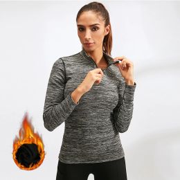 Shirts Running Sportwear Tshirt Women Motorcycle Fleece Lined Thermal Underwear Top Gym Tight Stand Collar Compression Fitness Shirts