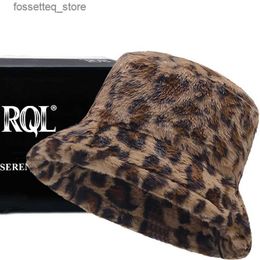 Wide Brim Hats Bucket Hats Winter Warm Bucket Hat Women Furry Faux Fluffy Fur with Ears Cute Luxury Brand Panama Plush La Fisherman C Leopard Print L240305