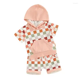 Clothing Sets Girls Checkboard Outfits Short Sleeve Hooded Tops Elastic Waist Contrast Trim Shorts Infant Toddler 2 Piece Summer Set