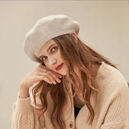 Velvet Knitted Womens Beret Hats Painter Caps Girls Hairy Woollen Hat Elegant Ladies Soft Warm Solid 240229