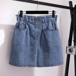 150Kg Plus Size Womens Summer Elastic Waist Loose Slim A-Line Pocket Denim Short Skirt Blue Hip 157cm 5XL 6XLXL 9XL 240306