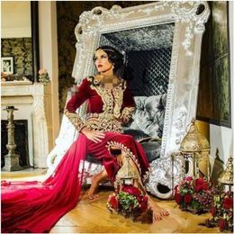 Lorie Caftan karakou algerien Formal Prom Dresses with panel Long Sleeves crew Burgundy Velvet Gold Lace mermaid Peplum Occasion Evening Gowns ankle length