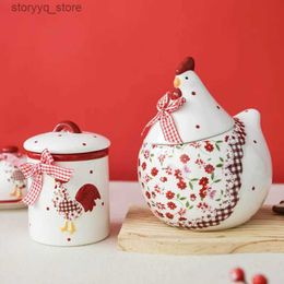 Food Jars Canisters European pastoral style red floral chicken ceramic sealing tank Ceramic storage tank Tea and coffee can food storage containers L240308