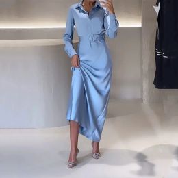 Dress Ellafads Women Maxi Dress Autumn Fashion Office Solid Lapel Long Sleeve Nipped Waist With Belt Formal Occasion Dresses