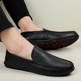 Casual Shoes Genuine Leather Men Slip On Fashion Brand 2024 Italian Loafers Moccasins Black Driving Flats