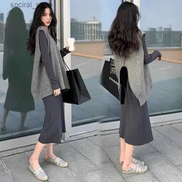 Maternity Dresses 1145# Autumn Winter Fashion Knitted Maternity Vest Long Sleeve Dress Sets Stylish A Line Clothes for Pregnant Women Pregnancy L240308