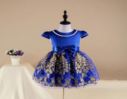 Royal Blue Red Short Flower Girl Dresses Cheap In Stock Princess Gold Peacock Lace Appliques Cap Sleeves Kids Toddler Birthday Par8631677