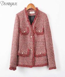 2020 New Spring Women Tweed Jackets New Brand Ladies Blends Wool Tassel Long Sleeve Red Single Breasted V Neck Fringe Coats2181670
