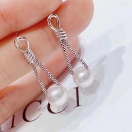 Dangle Earrings D1227 Solid 925 Sterling Silver Round 8-9mm Nature Fresh Water White Pearls Drop For Women Presents