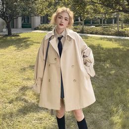 프레피 스타일 카키 트렌치 코트 여성 한국 패션 긴 소매 포켓 느슨한 빈티지 세련
