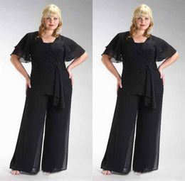 Popular 2016 Plus Size Black Chiffon Short Sleeve Mother Of The Bride Two Pieces Pant Suits Beaded Waist Custom Made EN41273646189