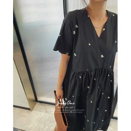 Embroidered Dress Woman Short Sleeve Summer Clothing Style Elegant Korean Fashion Blouses Beach Long Robe Floral Vintage 240305