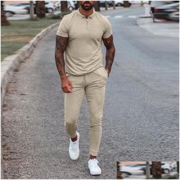 Men'S Tracksuits Fashion Solid Mens Tracksuits Summer 2 Piece Set Men Turn-Down Collar Zipper Tops And Dstring Pants Outfit Casual Su Dhex6