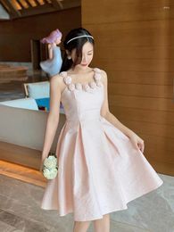 Casual Dresses Runway Designer Summer Fashion Ball Gown Dress Women Pink Three-Dimensional Flower Spaghetti Strap Slim Party Vestidos 2024