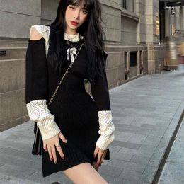 Casual Dresses Autumn Sexy Lady Bodycon For Women Chic Hollow Out Off Shoulder Knitted Vestidos De Mujer Korean Temperament Mini Dress