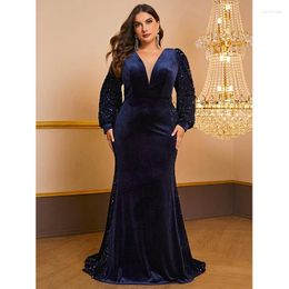 Casual Dresses Autumn Winter Women Clothing Long Sleeve V Neck Backless Blue Velvet Sequined Special Occasion Evening Party Mermaid Dress
